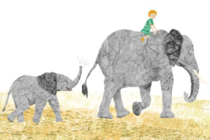 Kind reitet auf dem Rücken des Elefanten, Elefantenbaby läuft hinterher.